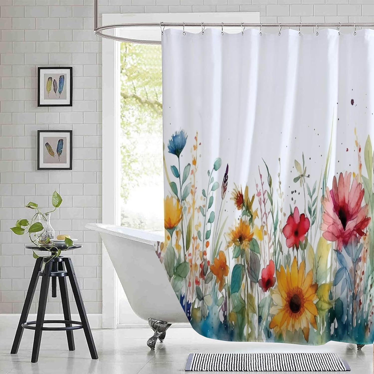 Extra Long 72"x84" Cute Art Pastel Yellow Blue Flowers Shower Curtain