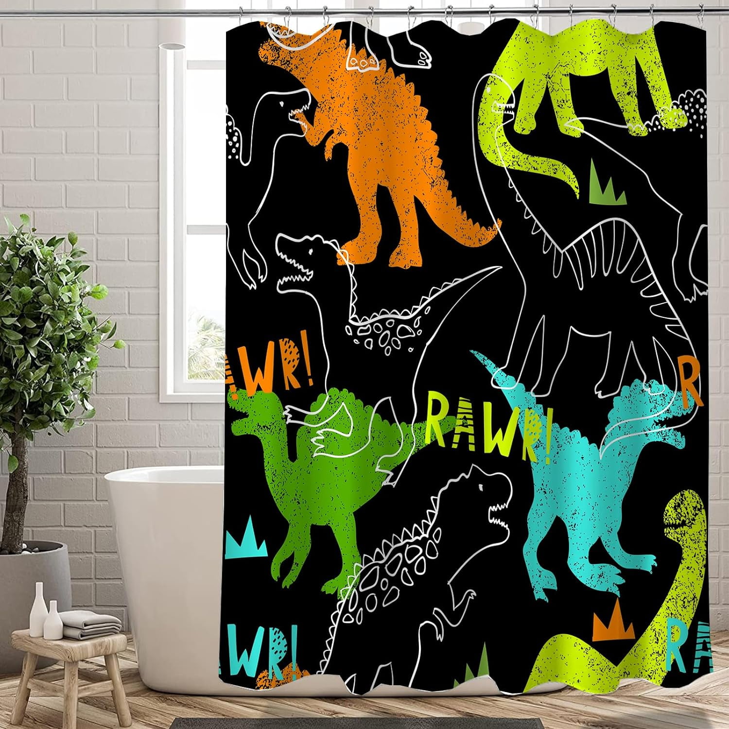 Extra Long 72"x84"Cute Dinosaur Shower Curtain Set with Hooks,Funny Animal Bathroom Curtain Kids Fabric Waterproof Bath Curtain Machine Washable