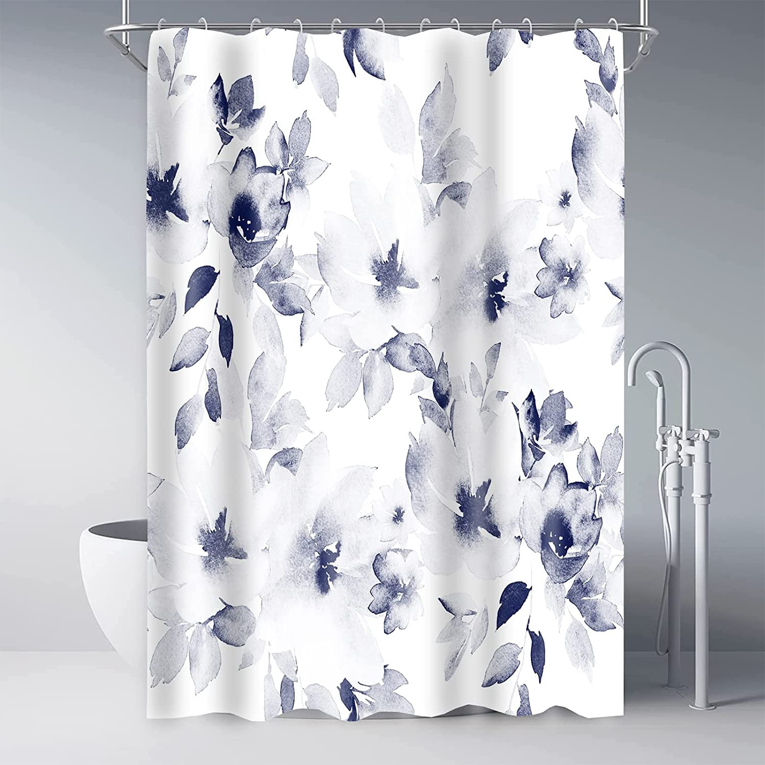 Extra Long 72"x84"Dark Blue Botanical Floral Shower Curtain Set with ...