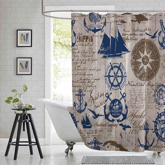 Extra Long 72"x84" Nautical Shower Curtain Set with Hooks,Navy Anchor Sailing Map Bathroom Curtain,Waterproof Washable Fabric for Bathroom Decor