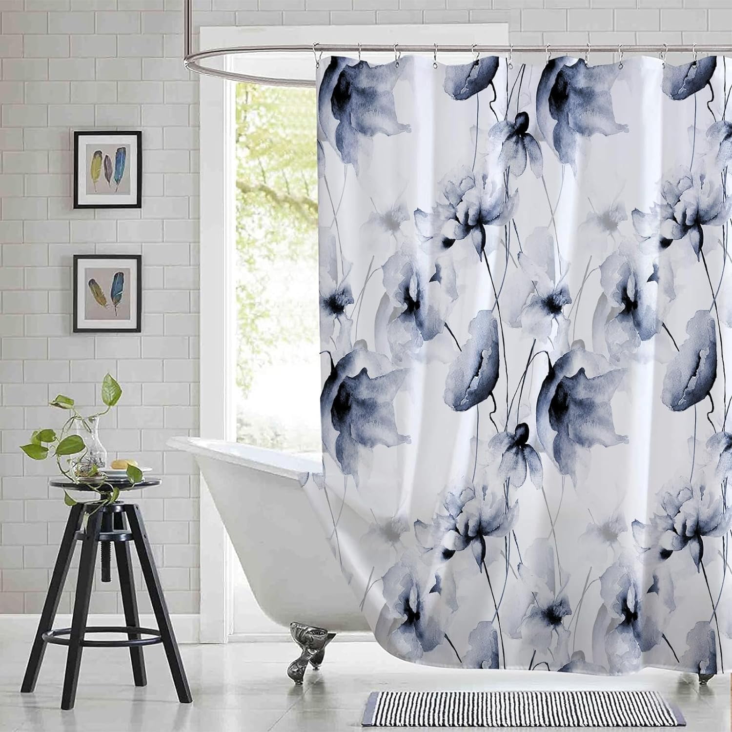 Extra Long 72"x84" Navy Blue Floral Shower Curtain Set with Hooks ...