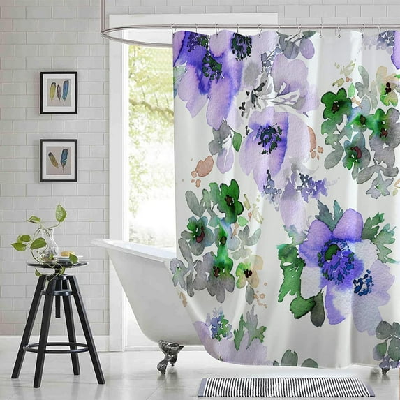Extra Long 72"x84" Purple and Teal Floral Shower Curtain Set with Hooks,Watercolor Gentle Colors Flowers Bathroom Curtain, Modern Minimalist Waterproof Bath Curtain for Bathroom Decor