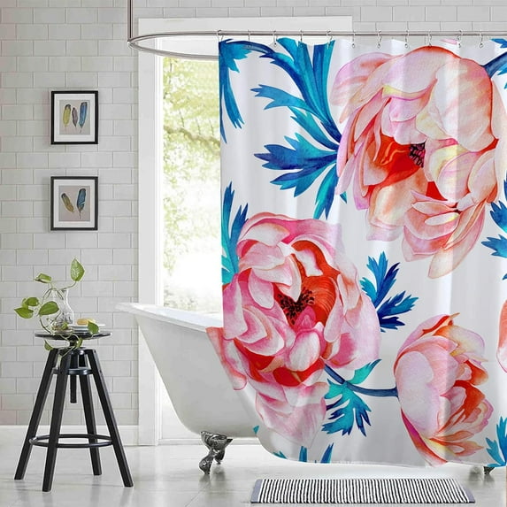 Extra Long 72"x84" Watercolor Floral Shower Curtain Set with Hooks,Blush and Teal Leaves Flowers Bathroom Curtain, Modern Minimalist Waterproof Bath Curtain for Bathroom Decor