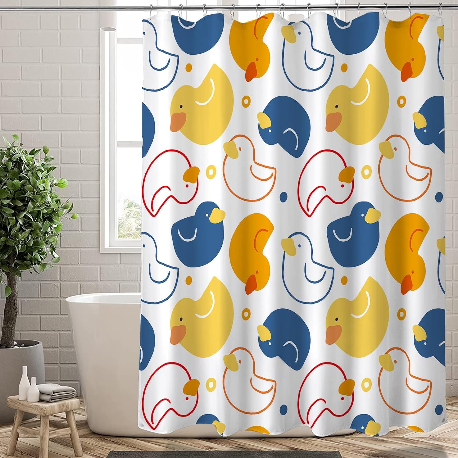 Extra Long 72"x84" Yellow and Blue Duck Shower Curtain Set with Hooks