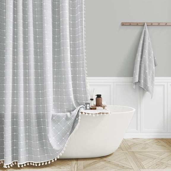 Extra-Long 72x84 Inch Boho Chic Plaid Linen Blend Shower Curtain with Tassels, Water-Repellent Fabric, Grommet Top, Gray