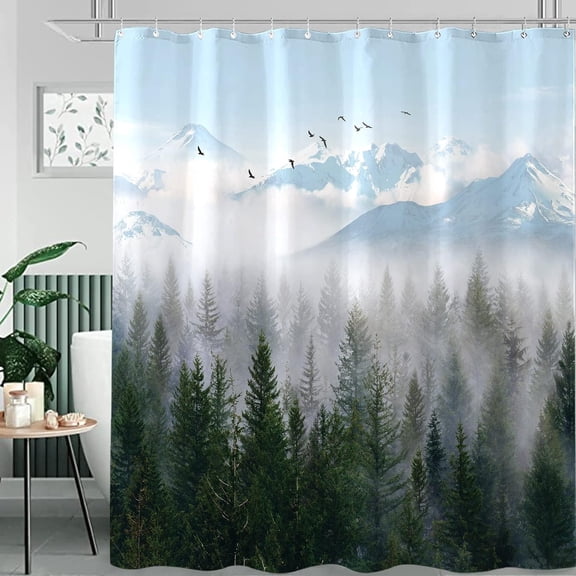 Extra Long 84 Inch Green Misty Forest Shower Curtain Nature Foggy Tree Mountain Shower Curtains for Bathroom Waterproof Fabric Woodland Modern Bath Curtain with Hooks (Green3, 72" x 84")