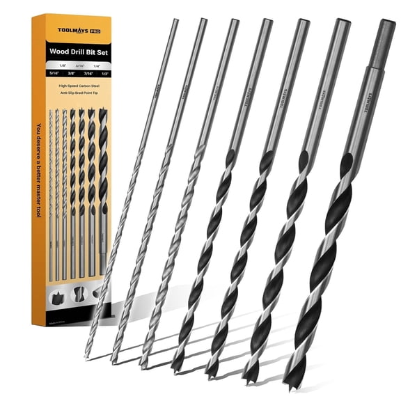 TOOLMAYS Extra Long 9.05" Brad Point Wood Drill Bit Set Imperial - 7 Pack Carpenters Quality - Drill Splinter-Free Perfectly Round Holes in All Types of Wood (1/8",3/16",1/4", 5/16",3/8",7/16",1/2")