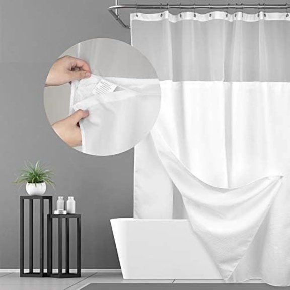 Extra Long 96" Waffle Weave Shower Curtain with Snap-in Liner & Hooks - Hotel Style, Waterproof, Washable Heavyweight Fabric, Mesh Top Window (White, 71"Wx96"L)