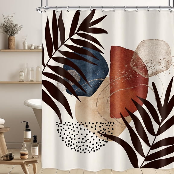 -Extra-Long-Abstract-Shower-Curtain, Boho Navy Blue Burnt Orange Shower Curtain, 71Wx84H Mid Century Modern Curtains, Minimalist Geometric Bath Set, Aesthetic Leaf Bathroom Accessories Decor