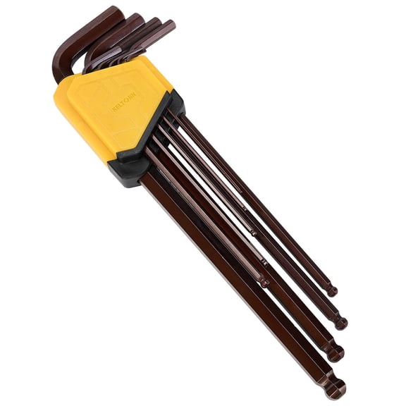 Extra Long Allen Wrench Ball End S2 Steel – 9PCS Metric Hex Key Set, S2 Alloy, 1.5–10mm, 9in, Bronze Finish, for Deep Space Work, Auto Repairs, Workshop Use