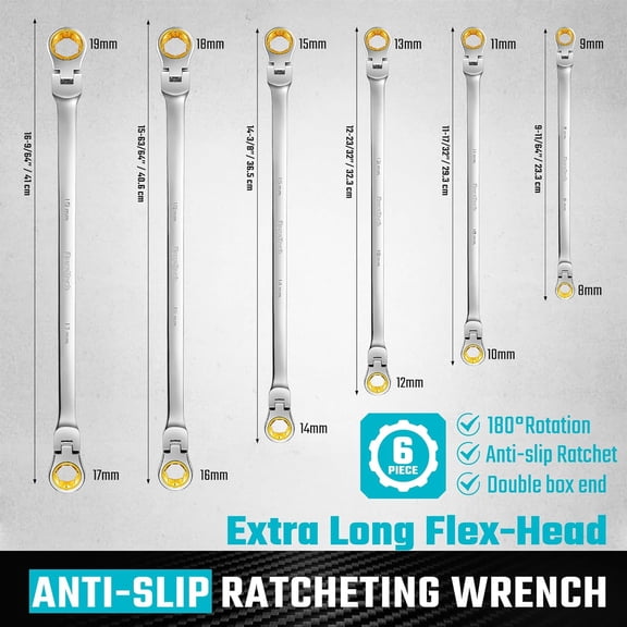 Extra Long Anti-Slip Flex-Head Ratcheting Wrench Set, 6-Piece, Metric 8-19 mm, CR-V Steel, with Pouch