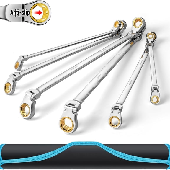 Extra Long Anti-Slip Flex-Head Ratcheting Wrench Set, Double Box End Wrench Set, 6-Piece, Metric 8-19 mm, CR-V Steel, with Pouch