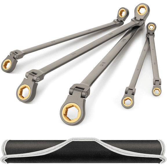 Extra Long Anti-Slip Ratcheting Wrench Set, Double Box End Wrench Set, 5-Piece, SAE, 1/4 "-13/16 ", 72-Teeth, CR-V Steel, Grey Nickel Plating with Rolling Pouch