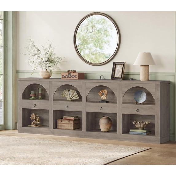 Extra Long Arched 78.7" Console Tables for Entryway, 3-Tier Sofa Table with 4 Drawers & Open Shelves, Narrow Long Accent Table for Living Room Hallway, Grey