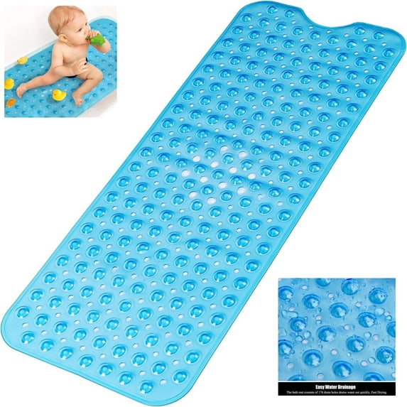 Extra-Long Bathtub Mat - 40x16 Non-Slip Shower Mat with Drain Holes & Suction Cups, Machine Washable Tub Shower Mat, Clear Blue