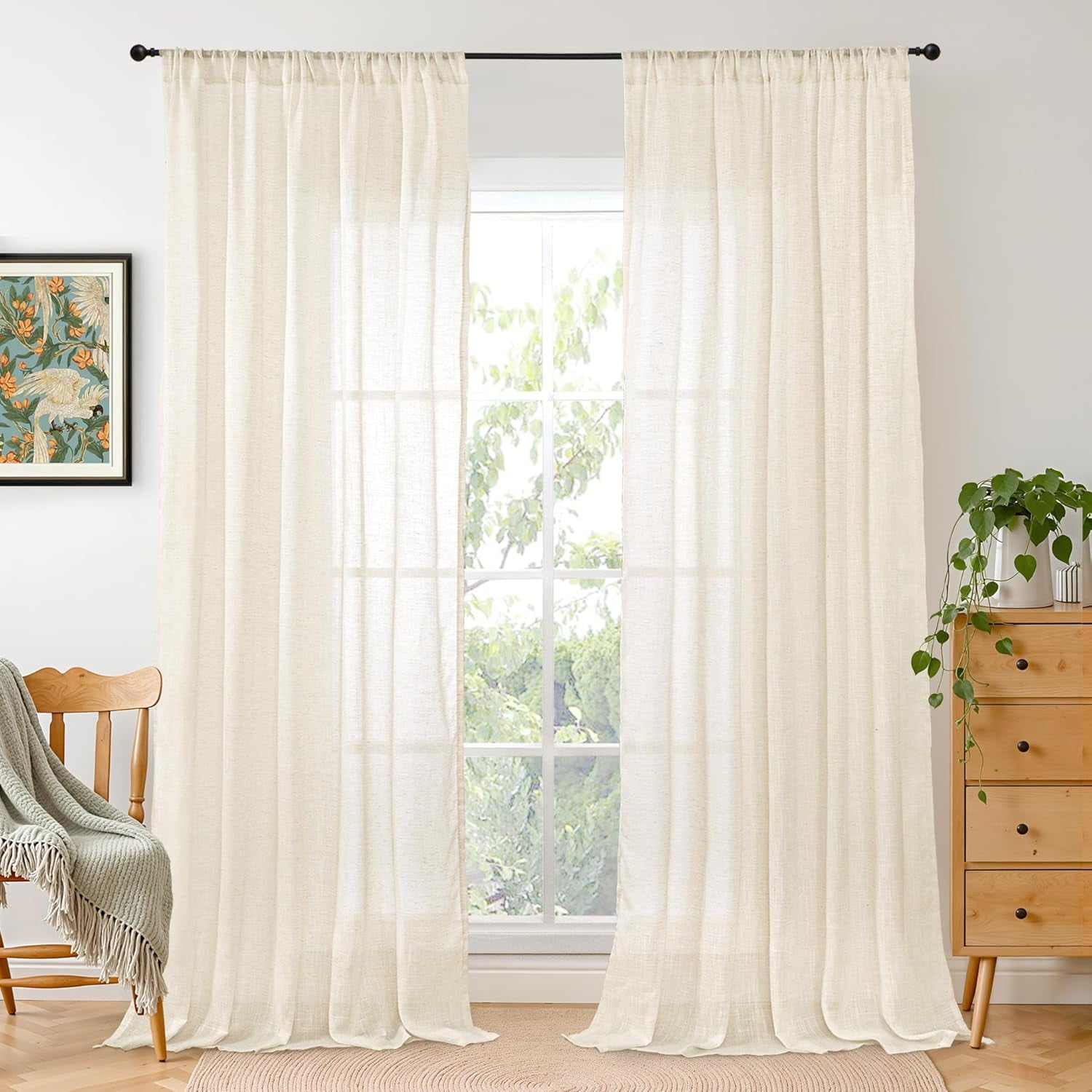 Extra Long Beige Linen Curtains 96 Inch Length for Living Room - Light Filtering Window Treatments with Rod Pocket for Farmhouse Bedroom, 2 Panels, Each Panel 52 Inch Wide