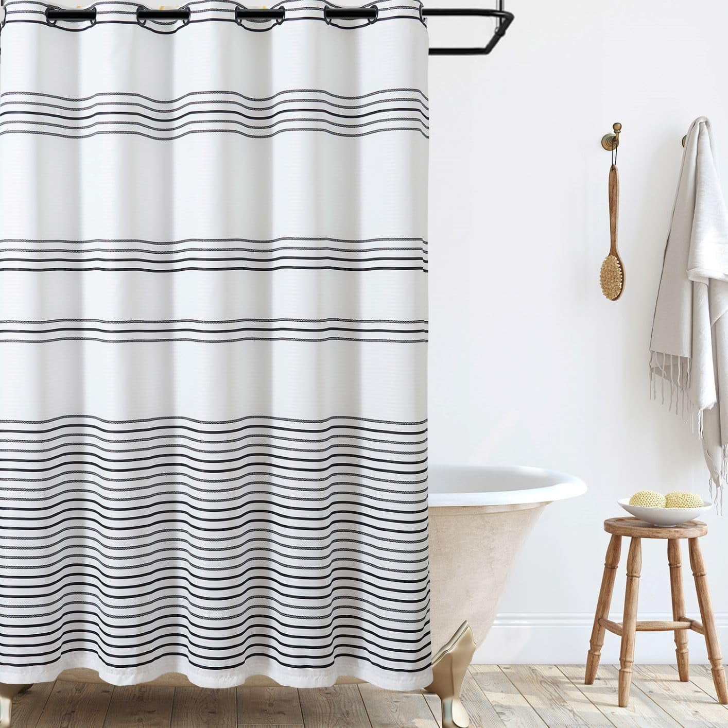 Extra Long Black And White Shower Curtain Modern Striped Fabric No