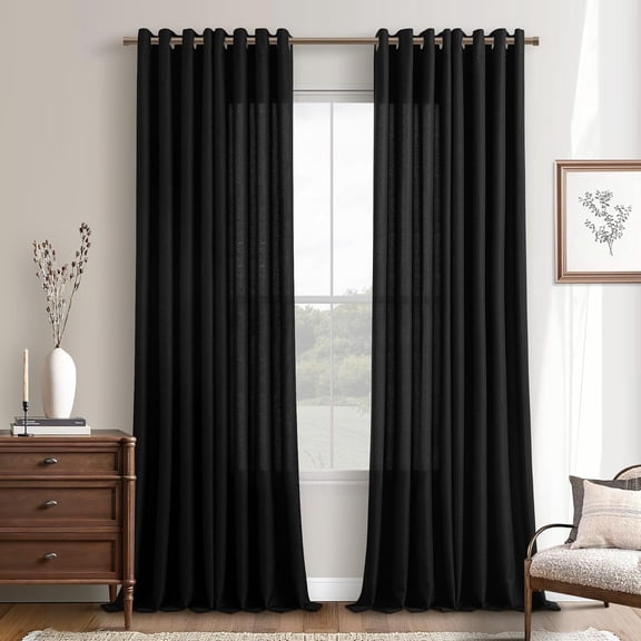 Extra Long Black Curtains 120 In Length 2 Panels Set for Living Room Grommet Ring Neutral Farmhouse Faux Linen Drapes Light Filtering Semi Sheer Curtain 120 Inches Floor Ceiling Patio Sliding Door