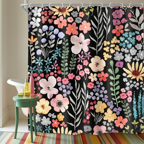 Extra Long Black Floral Shower Curtain for Bathroom Decor 72Wx84H Watercolor Cute Plants Spring Girly Women Colorful Boho Art Printed Fabric Polyester Waterproof 12 Pack Plastic Hook