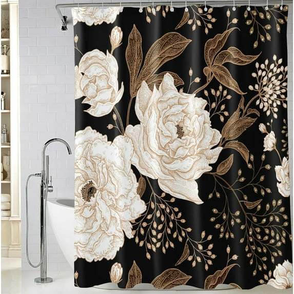 Extra Long Black Gold Floral Shower Curtain 72 x 84 Inch, Black Flowers Bathroom Shower Curtain, Fabric Waterproof Shower Curtain with 12 Hooks