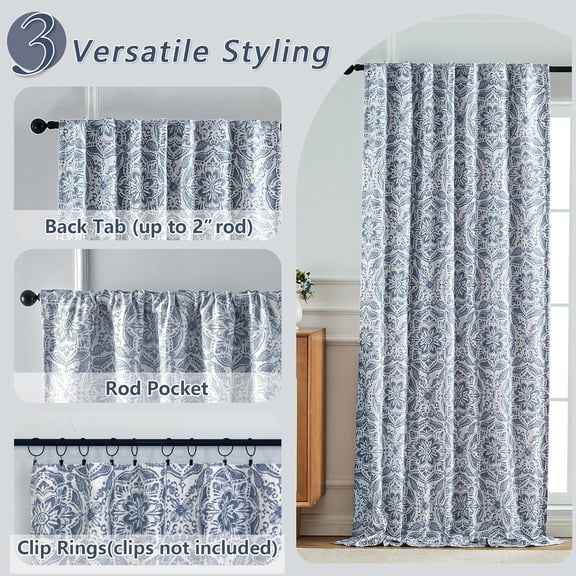 Extra Long Blackout Curtains 108 Inch Length 2 Panels, Blue Medallion Patterned Thermal Insulated Double Layer Linen Curtain for Sliding Door, Back Tab Blackout Window Drapes, 52Wx108L Inches