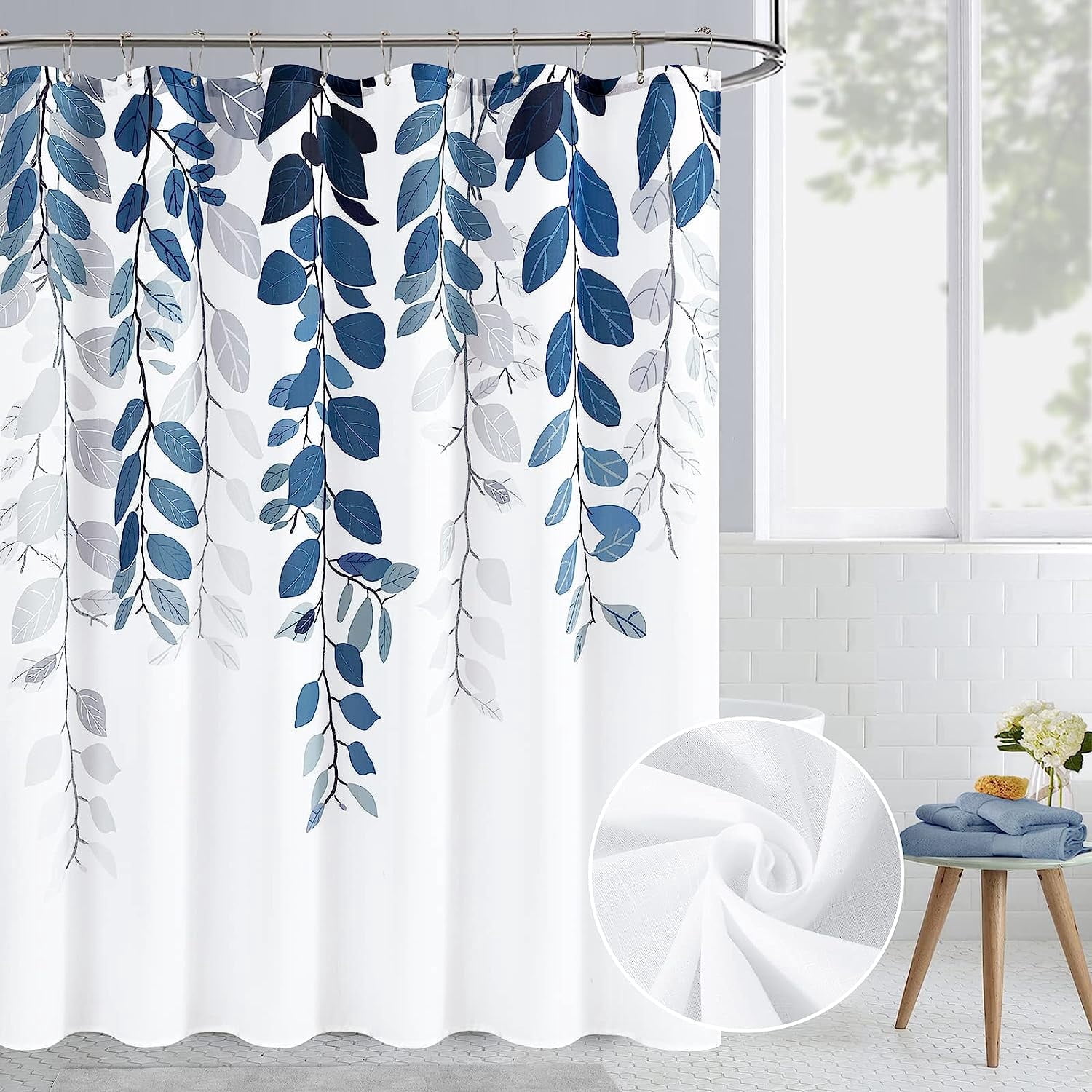 Extra Long Blue Eucalyptus Shower Curtain for Bathroom Floral Watercolor Leaves Spring Shower Curtain Vine Botanical Shower Curtain Natural Navy Bath Curtain Bathroom Decor 72x78