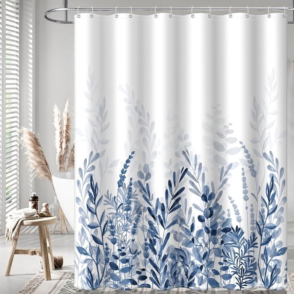 Extra Long Blue Plant Shower Curtain, Spring Natural Eucalyptus Leaf Weighted Hem Waterproof Fabric Bathroom Curtain Set with 12 Hooks 72" x 84"
