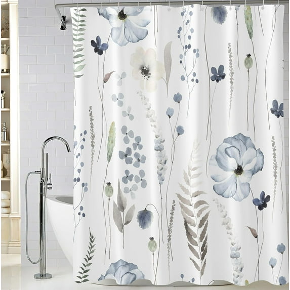 Extra Long Blue Watercolor Floral Shower Curtain 72 x 84 Inch, Waterproof Fabric Minimalist Flowers Bathroom Shower Curtain with 12 Hooks
