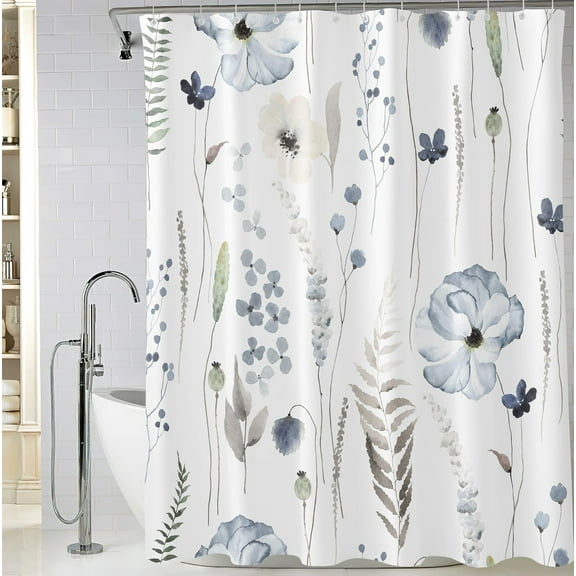 Extra Long Blue Watercolor Floral Shower Curtain 72 x 84 Inch, Waterproof Fabric Minimalist Flowers Bathroom Shower Curtain with 12 Hooks