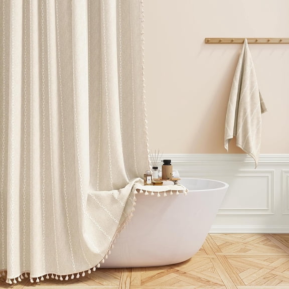 Extra Long Boho Chic Striped Linen Blend Shower Curtain with Tassels, Cream, 72 in W x 84 in L, Grommet Top, Water Repellent, Light-Filtering