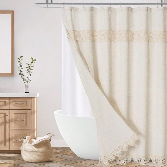 Extra Long Boho Farmhouse Shower Curtain Linen Cotton Fabric Bath Curtain With Macrame Lace Decor Modern Bohemian French Country Chic Shower Curtain Set With PEVA Liner 72x84 Beige Cream