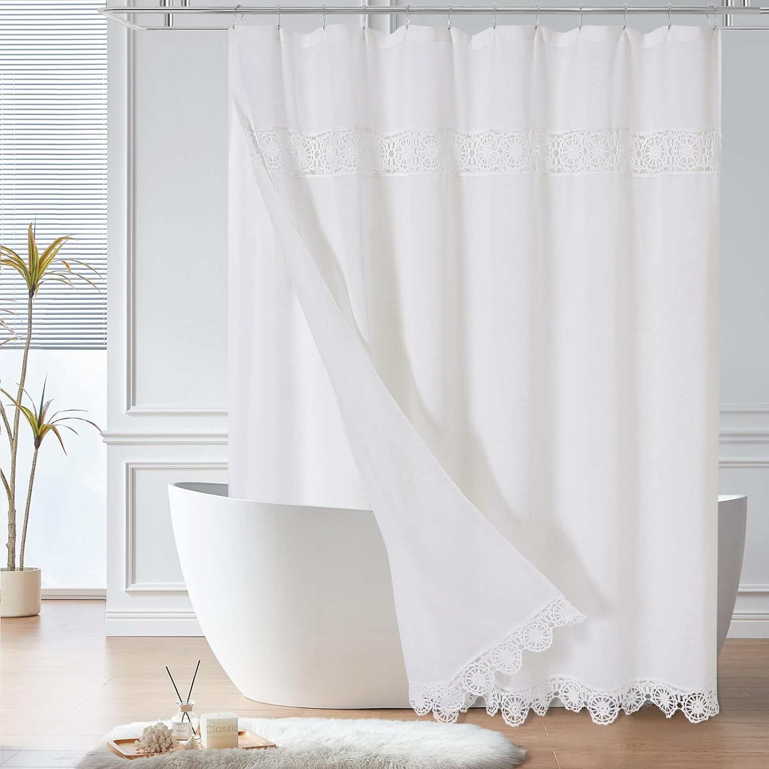 Boho Farmhouse Shower Curtain Set - 72x96 Inch Extra Long Linen Blend Weighted Curtain With Tassels