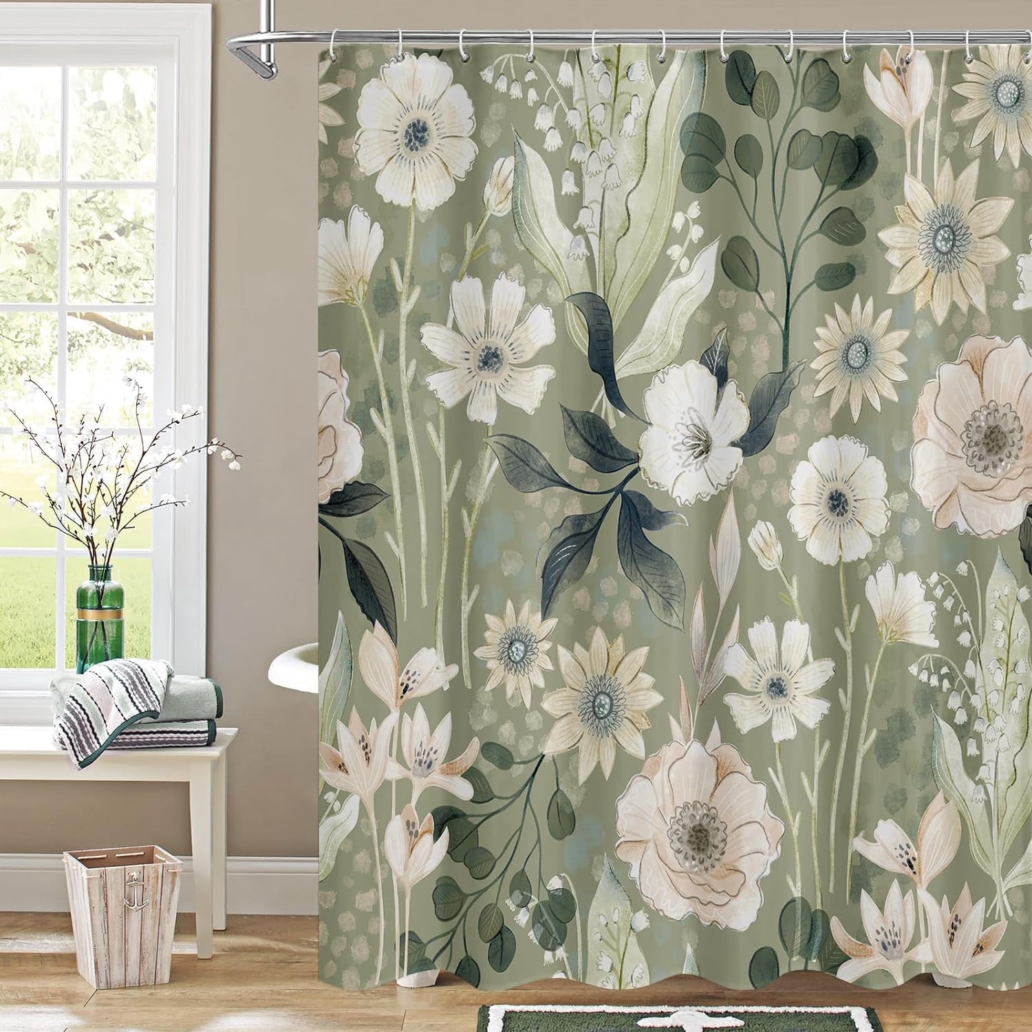 Extra Long Boho Floral Shower Curtain 72 x 84, Spring Leaves Shower Curtain, XL Chic Shower Curtains for Modern Bathroom Decor, Summer Colorful Flower Shower Curtain