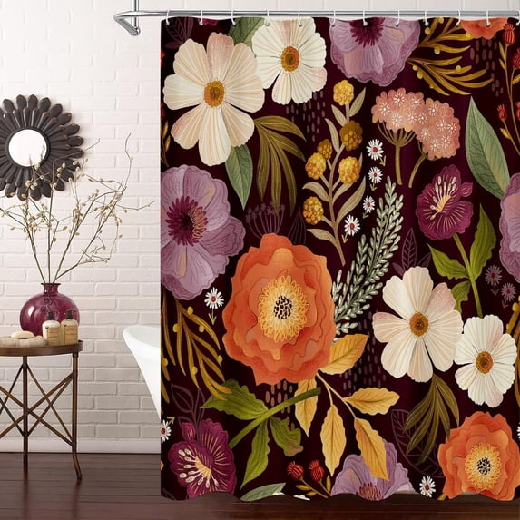 Extra Long Boho Floral Shower Curtain 72 x 84, Vintage Flower Shower Curtain, XL Rustic Shower Curtains for Luxury Bathroom Decor, Colorful Abstract Leaves Shower Curtain