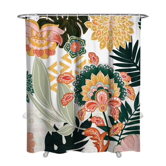 Extra Long Boho Shower Curtain 72x84 Inches - Vintage Floral & Tropical Leaves Pattern, Waterproof Bohemian Bathroom Decor with 12 Hooks, Tribal Rustic Style