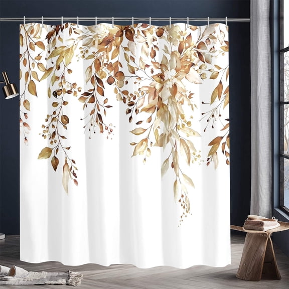 Extra Long Brown Eucalyptus Shower Curtain, Watercolor Plant Leaves with Floral Bathroom Shower Curtain Set, 72x84