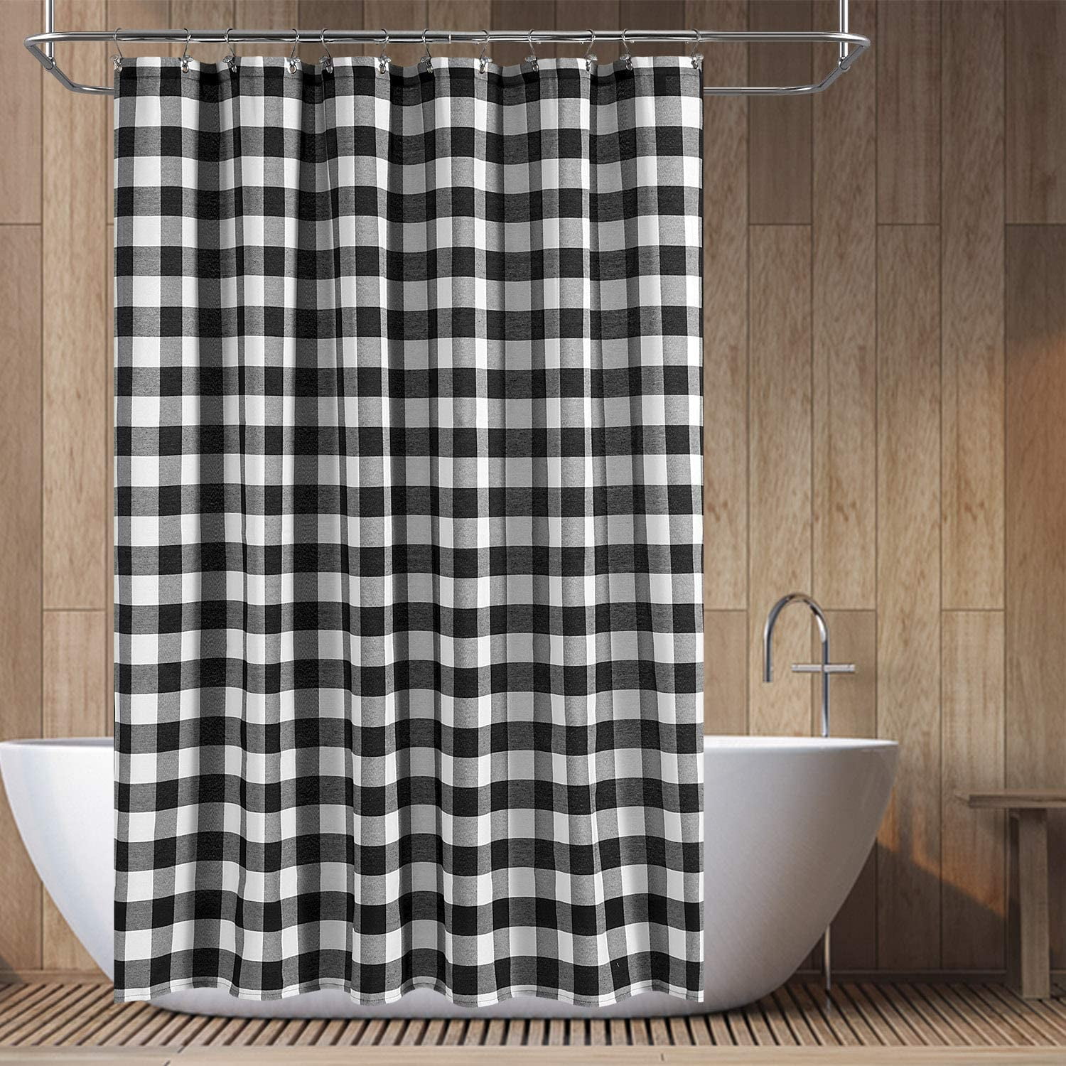 Extra Long Buffalo Check Shower Curtain: Cotton Blend Plaid Woven Texture & Machine Washable, Water-Repellent, Rustic Farmhouse Style for Bathroom - Black and White, 72x84 Inch
