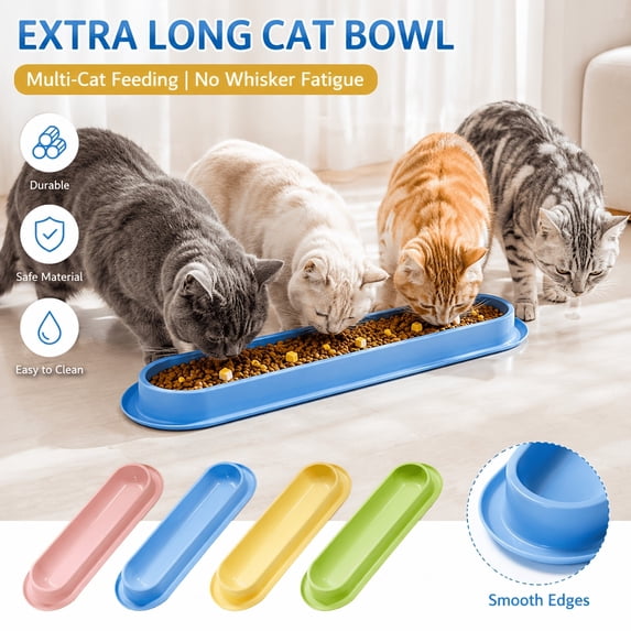 Extra Long Cat Bowl for Multiple Cats Whisker Friendly Shallow Pet Feeding Dish Durable Anti-Ant Food Trough Plate for Kittens