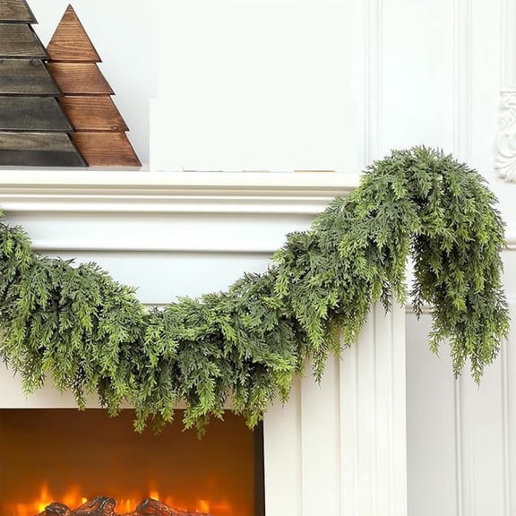 Extra Long Cedar Christmas Garland - DIY Winter Garland for Mantel, Tabletop, Staircase - UV-Resistant Plastic Pine Branches (Green)