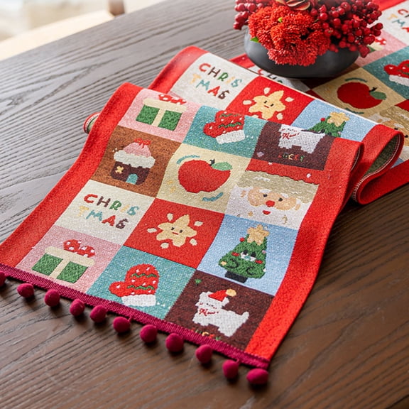 Extra Long Christmas Table Runner 70x13 Inches - Santa Claus Holiday Dining Decor with Pom-Pom Tassels, Washable Polyester Table Flag for 6-Person Dinner Party (Red/White)