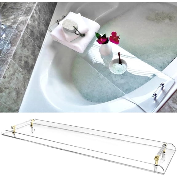 Extra Long Clear Acrylic Bathtub Caddy Tray with Golden Handles, Heavy-Duty Spa Tray for Books, Drinks, and Accessories, Fits Most Bathtub Styles Including Clawfoot and Soaking Tubs