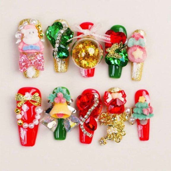 Extra Long Coffin Christmas Press On Nails, 3D Santa Bell Tree Rhinestone Pearl Luxury Holiday Reusable False Nails