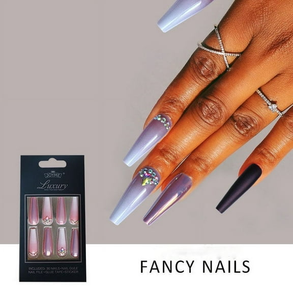 Extra Long Coffin Press on Nails Matte Ombre Rhinestone Fake Nails with 3D Clear Bling Bow Design 30Pcs Glitter Acrylic Ballerina False Nail Tips for Women and Girls (purple)