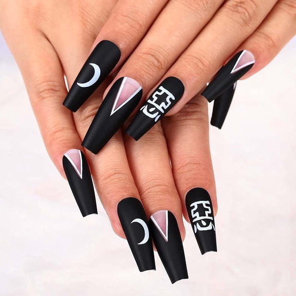 Extra Long Coffin Press on Nails Halloween Fake Nails Black Matte Acrylic Nail for Women and Girls 24Pcs (Unique) White, Black Large