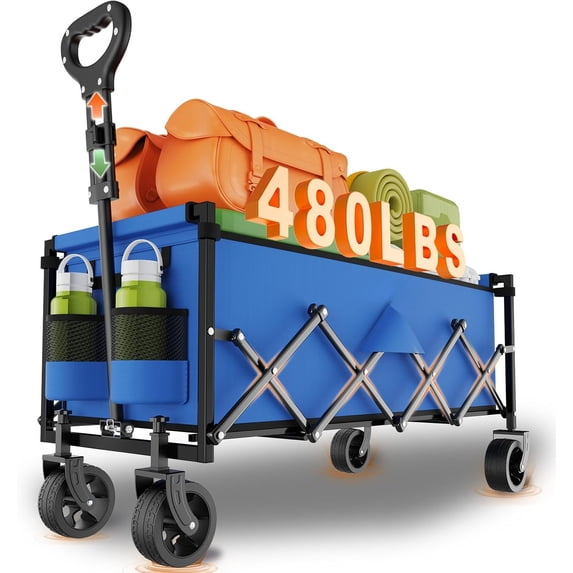 Extra Long Collapsible Wagon Cart, 480LBS Heavy Duty Utility Wagons with All-Terrain Wheels, Foldable Grocery Carts for Gardening, Shopping, Beach, Camping, Black