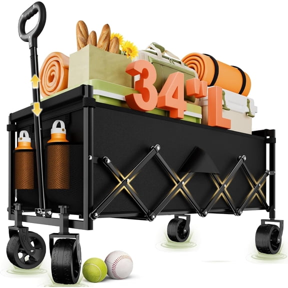 Extra Long Collapsible Wagon Cart, 480LBS Heavy Duty Utility Wagons with All-Terrain Wheels, Foldable Grocery Carts for Gardening, Shopping, Beach, Camping, Black