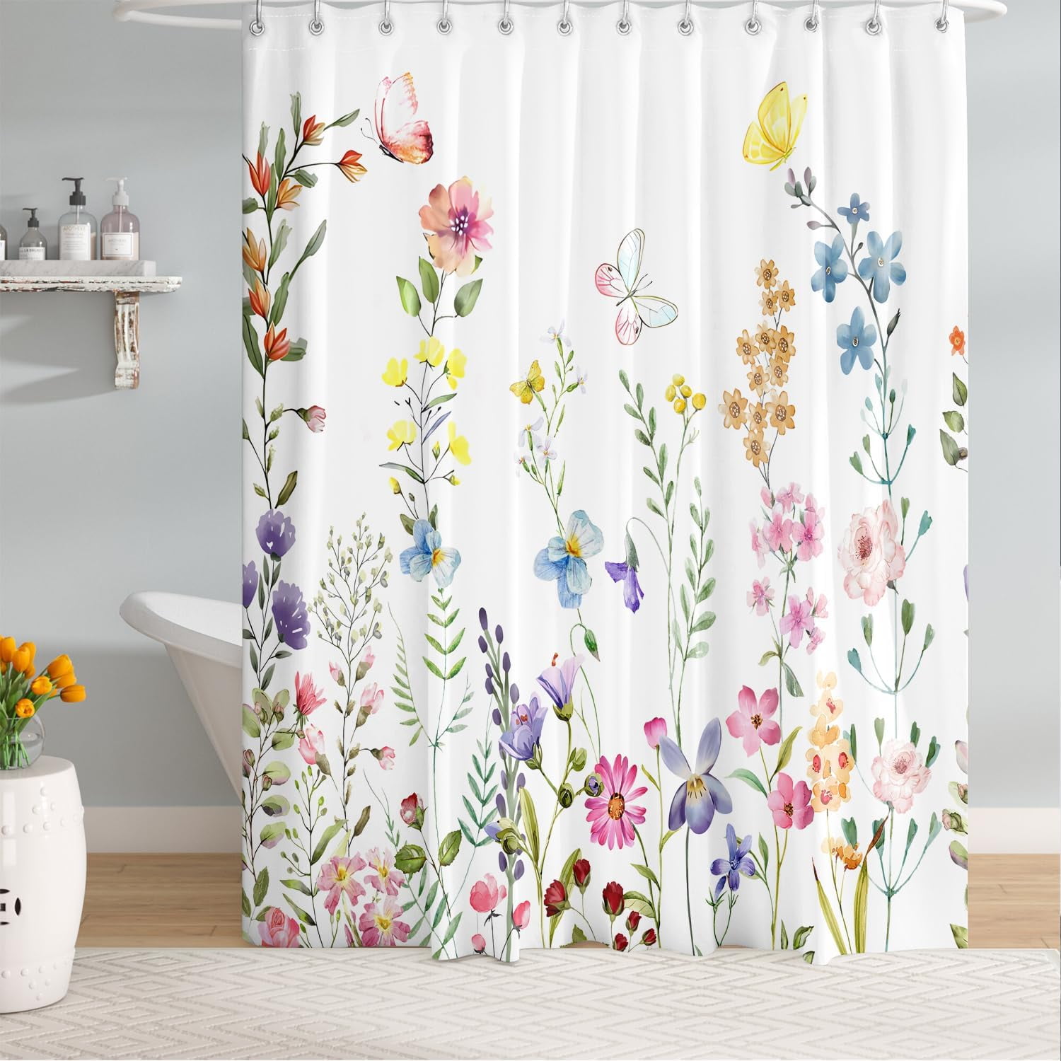 Extra Long Colorful Floral Butterfly Shower Curtain 72 x 84 Inch, Botanical Flower Shower Curtain for Bathroom Decor, Waterproof Fabric Wildflower Shower Curtain with Hooks