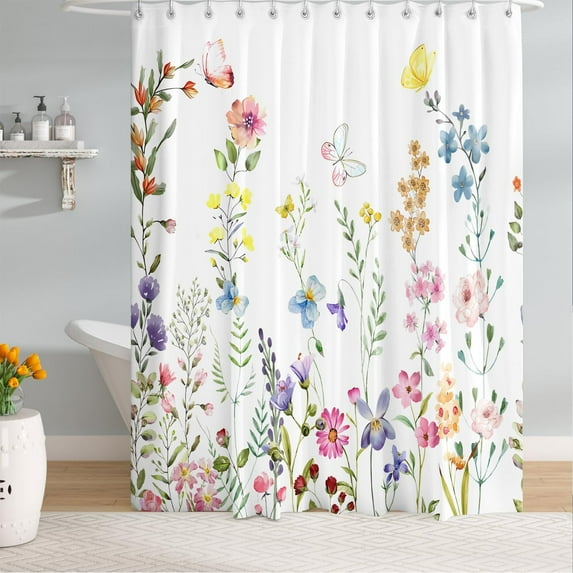 Extra Long Colorful Floral Butterfly Shower Curtain 72 x 84 Inch, Waterproof Fabric Botanical Flower Shower Curtain for Bathroom