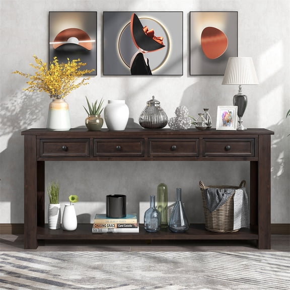 Extra Long Console Table with 4 Storage Drawers and Bottom Shelf, Classic 64" Solid Wood Entryway Side Table with Elegant Straight Legs, Multifunctional Sofa Table Storage Cabinet, Espresso
