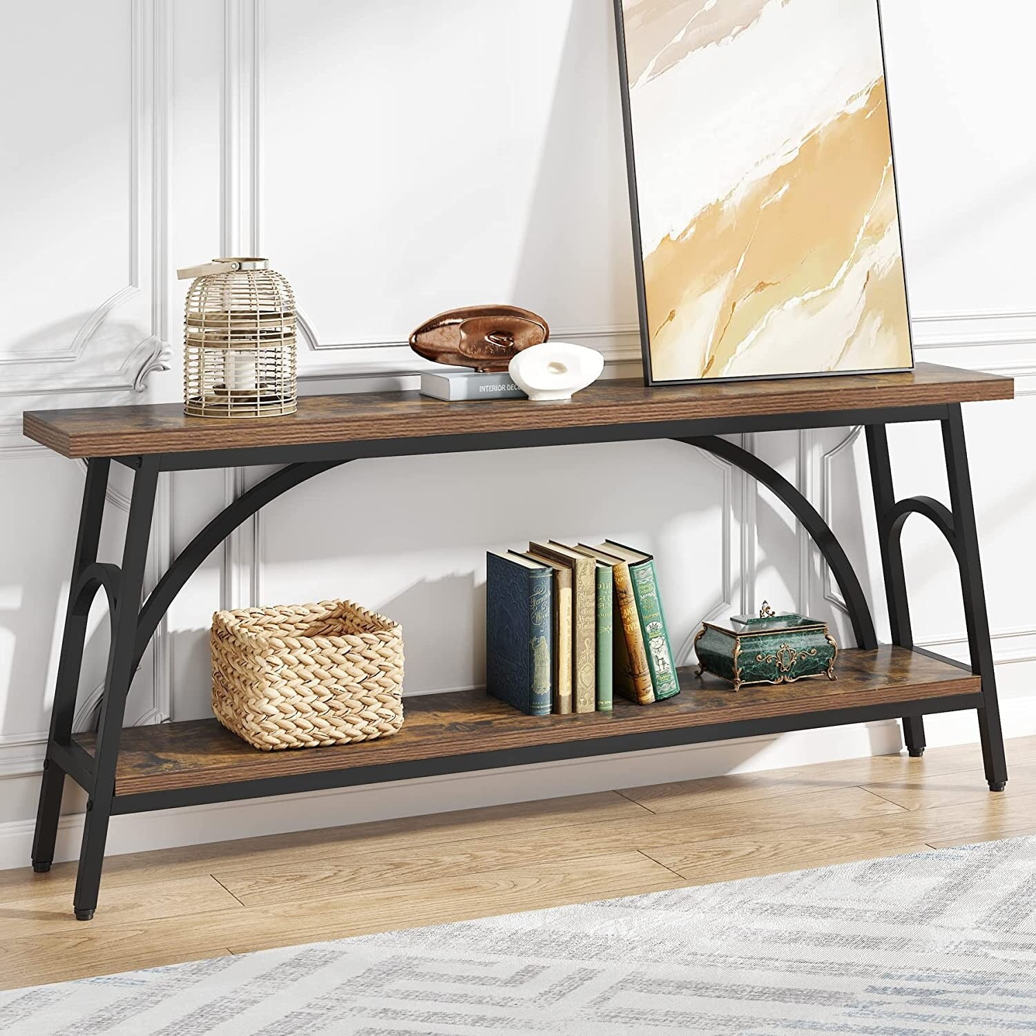Rustic Brown Wood and Black Metal Console Table with Storage